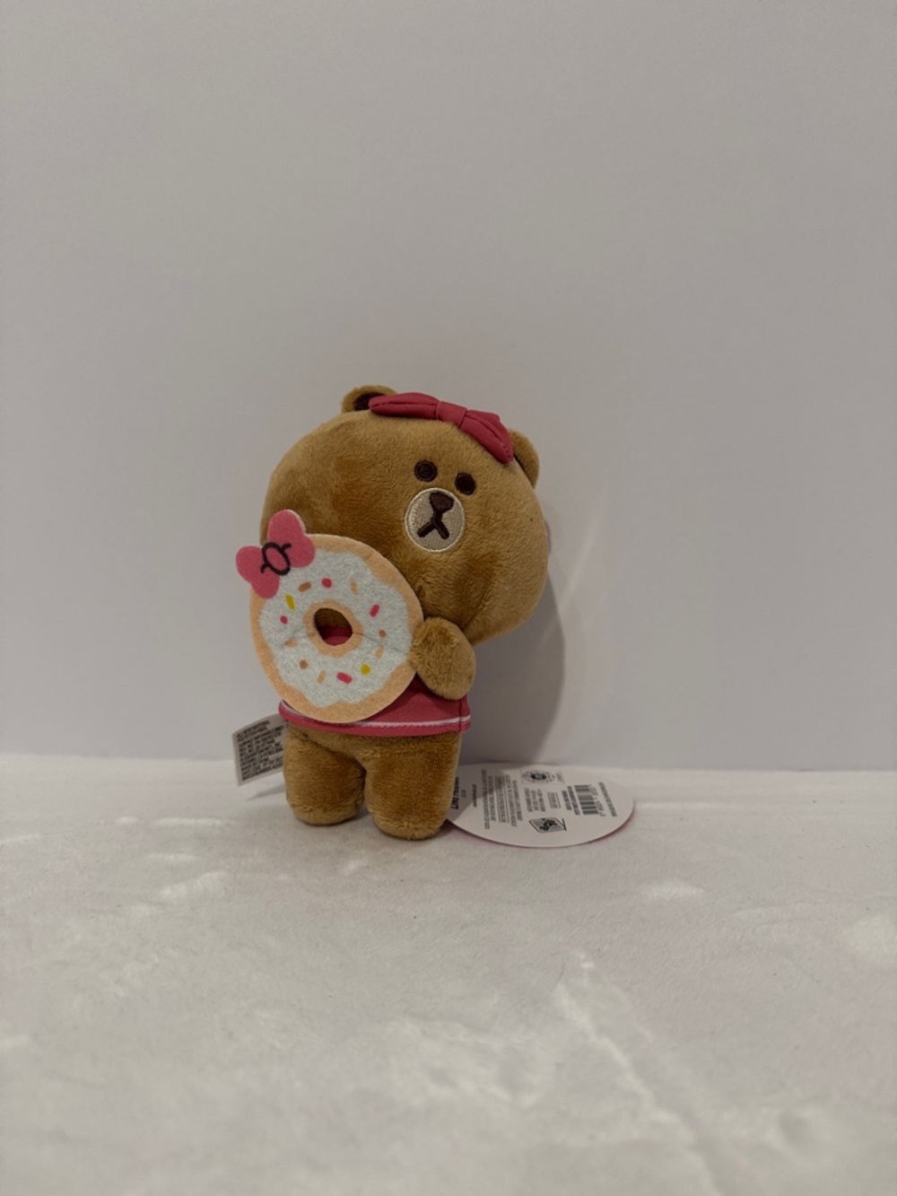 Line Friends Mini 6” Plush CHOCO Beige Bear Doll Pink Bow Holding Felt Donut